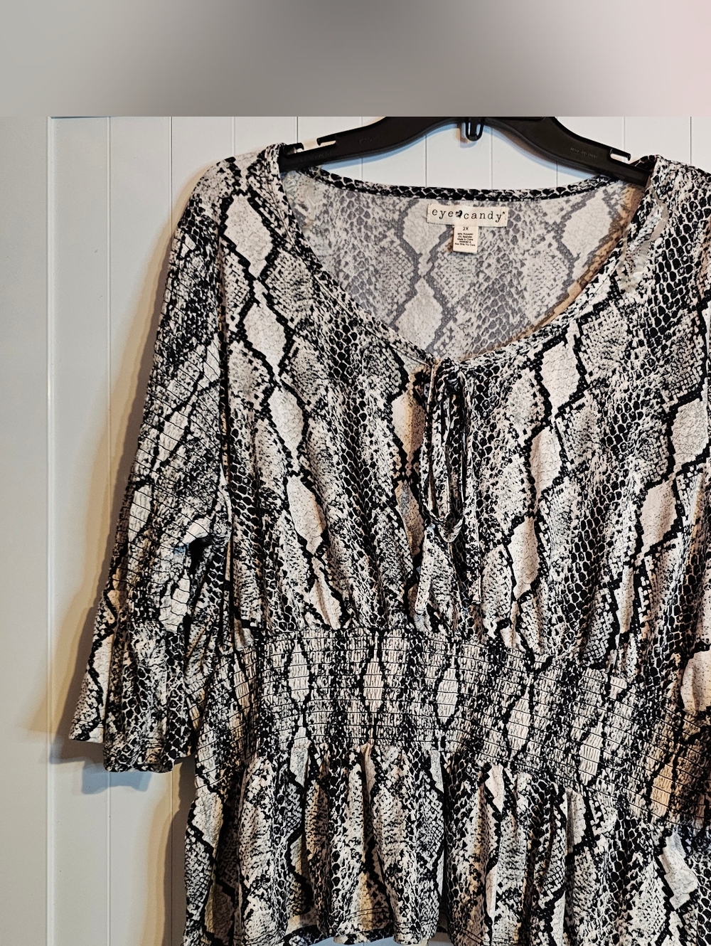 Eye Candy Snake Print Top | Size 2X | Smocked Waist, Bell Sleeves